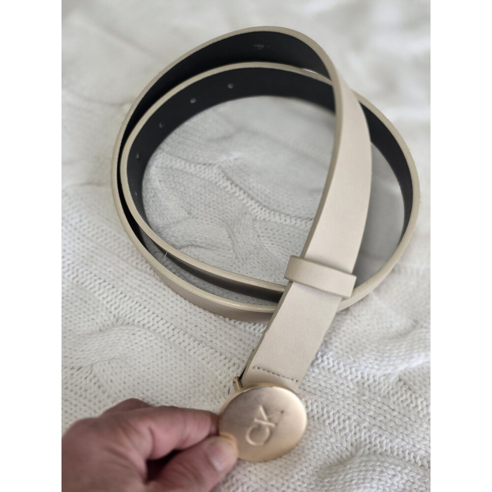 Original CALVIN KLEIN Disk Medallion Belt Gold Buckle Taupe Cream Size S